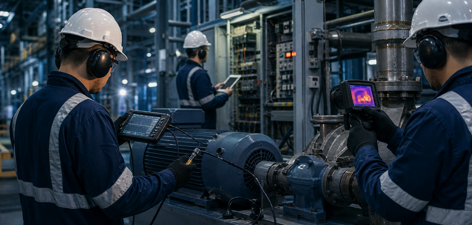 Técnico em ambiente industrial durante inspeção preditiva